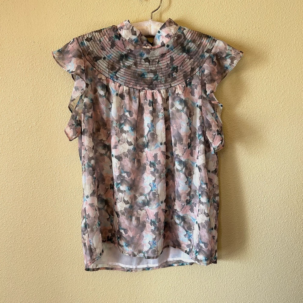 Tart Collection, Isono Georgette Top Abstract‎ Foliage Short Sleeve, Sz Medium